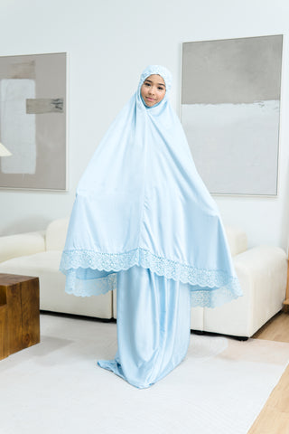 Telekung Satin Single Laced- BLUE