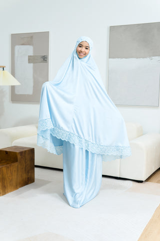 Telekung Satin Single Laced- BLUE