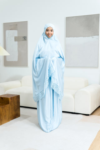 Telekung Satin Single Laced- BLUE