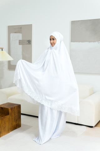 Telekung Satin Single Laced- WHITE