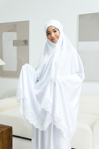 Telekung Satin Single Laced- WHITE