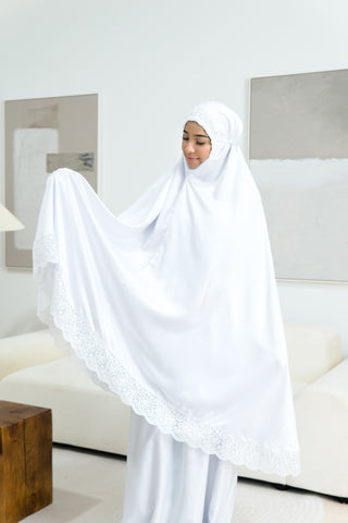 Telekung Satin Single Laced- WHITE