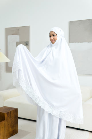 Telekung Satin Single Laced- WHITE