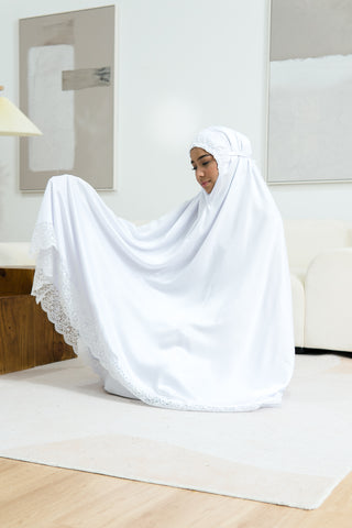 Telekung Satin Single Laced- WHITE