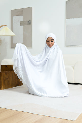 Telekung Satin Single Laced- WHITE