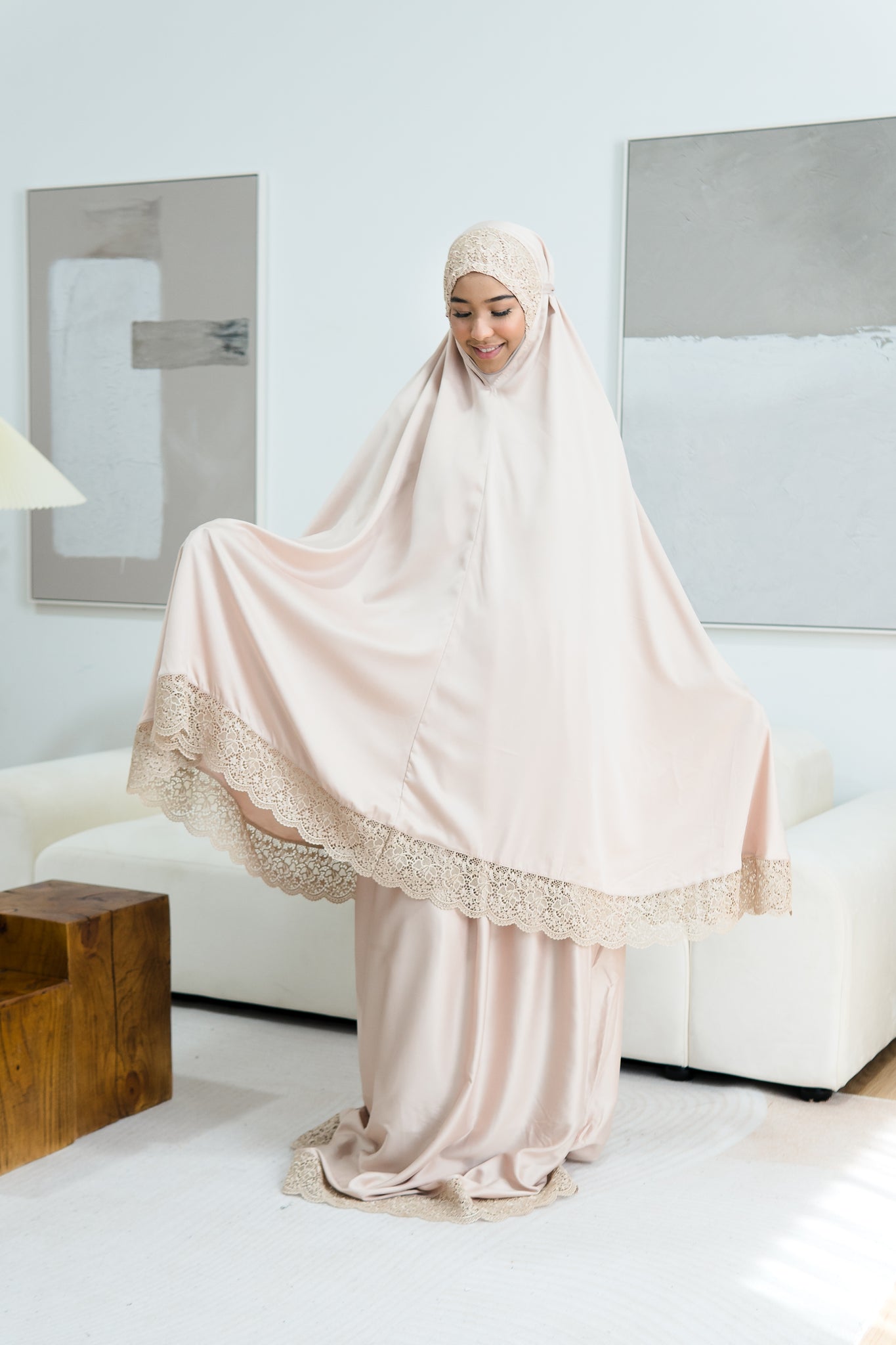 Telekung Satin Double Laced- BEIGE