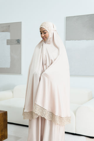 Telekung Satin Single Laced- BEIGE