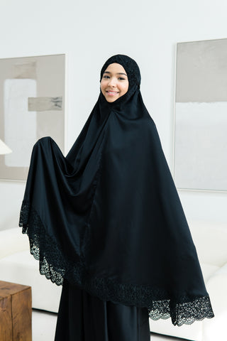 Telekung Satin Single Laced- BLACK