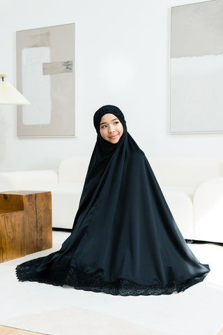 Telekung Satin Single Laced- BLACK