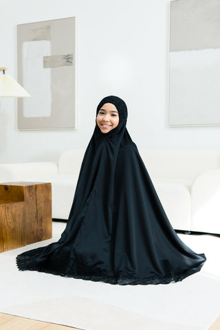 Telekung Satin Single Laced- BLACK