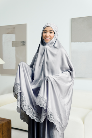 Telekung Satin Single Laced- GREY